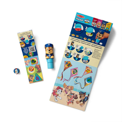 Sample of the 300 easy-peel stickers in 100 PAW Patrol designs that load inside the Chase stamper