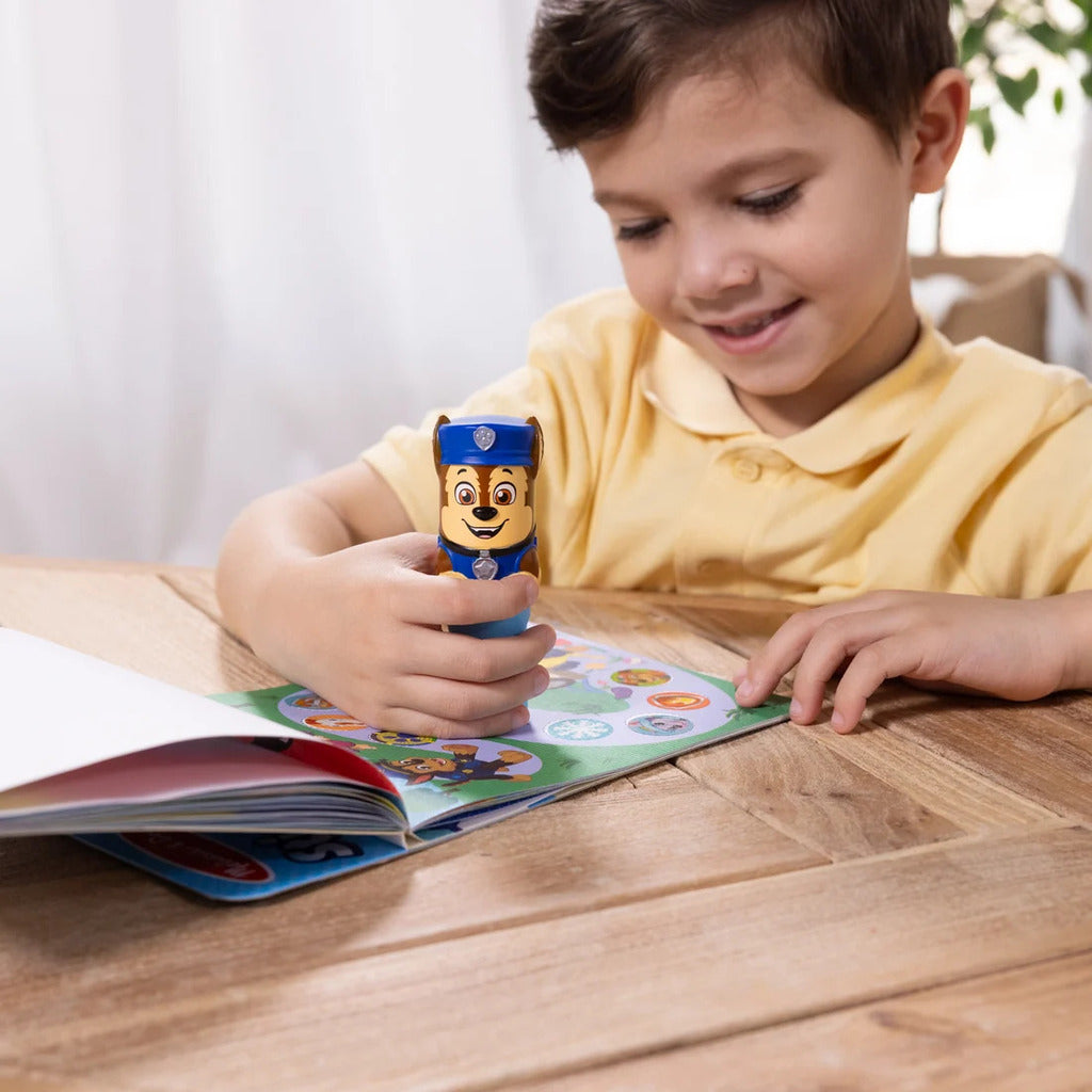Open creative stamping page in the PAW Patrol Chase pad filled with colourful stamped stickers