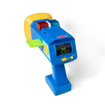 Handheld police speed radar toy with spinning speed display, flashing lights and squeeze trigger