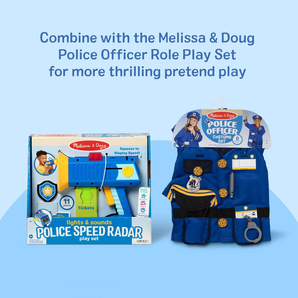 Complete police speed radar pretend play set laid out with activity card, for ages 3 and up
