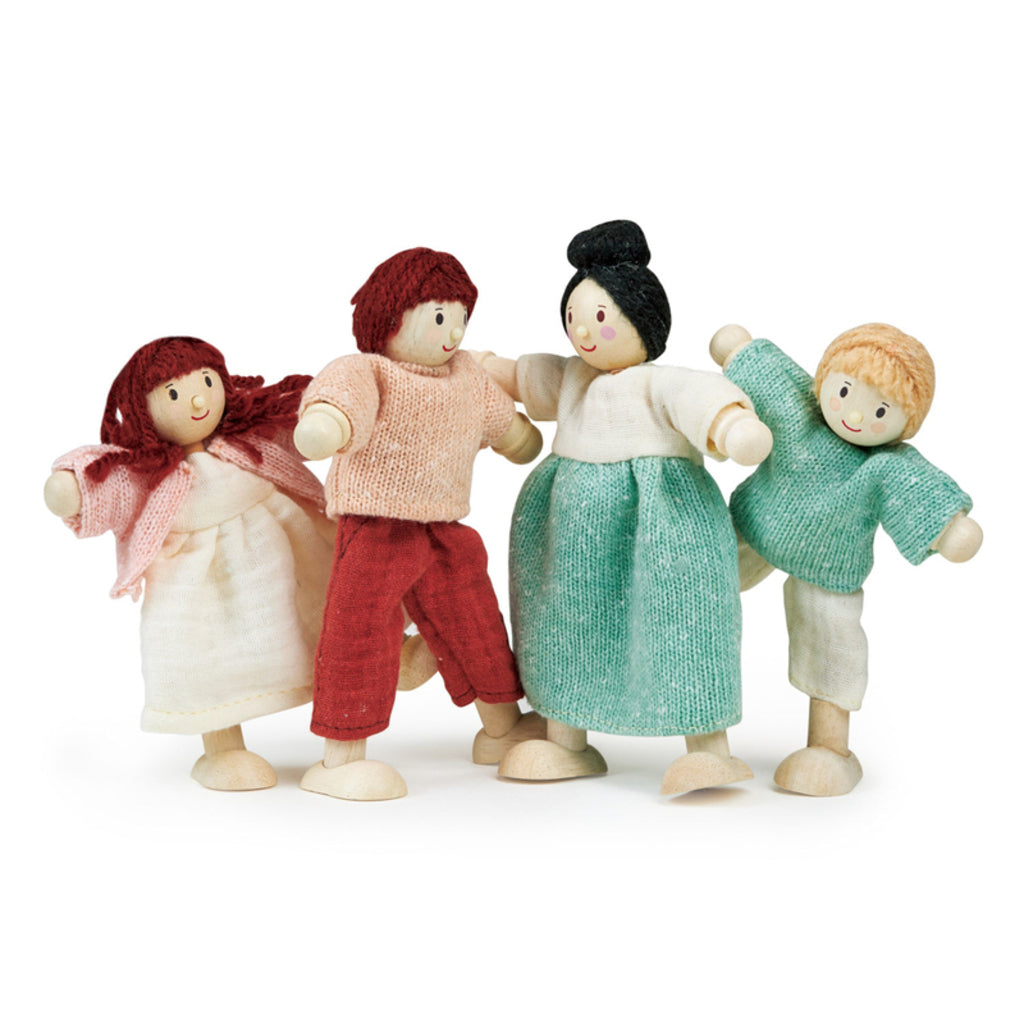 Mentari Honeybunch wooden doll family figures standing together, showing their friendly painted faces and outfits