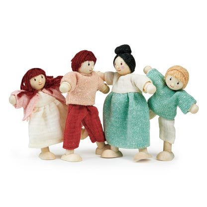 Mentari Honeybunch wooden doll family figures standing together, showing their friendly painted faces and outfits