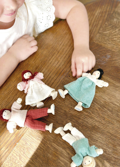 Mentari The Honeybunch Doll Family in its gift box, a wooden family figure set for imaginative role play