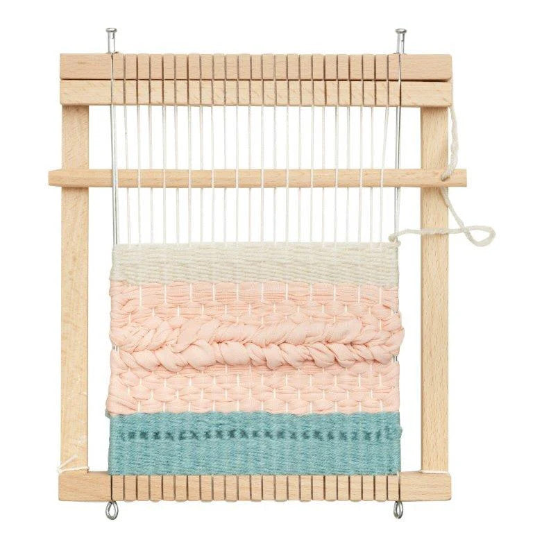 Micki wooden weaving frame craft loom with woven pastel yarn design