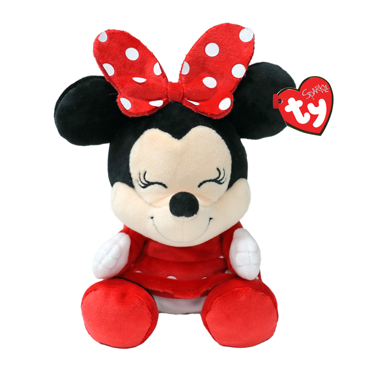 The Minnie Mouse Regular 15cm Ty Beanie Boo plush toy shown front-on against a white studio background