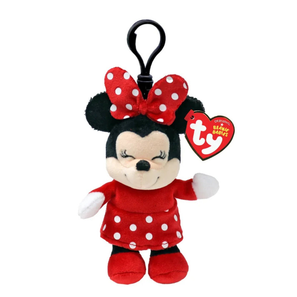Minnie Mouse Ty Beanie Babies Floppy Clip plush toy photographed front-on, 10cm, on a white background