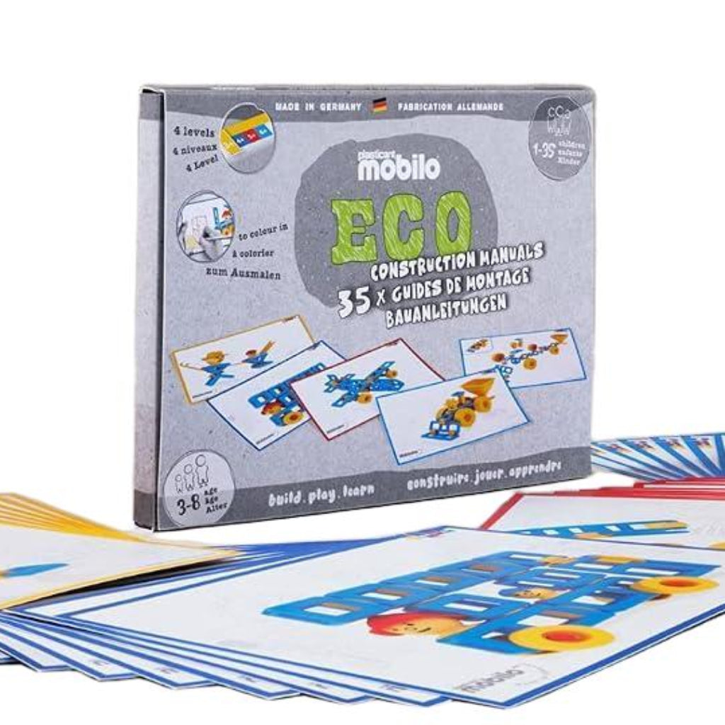Mobilo ECO Construction Manuals set with 35 illustrated building instruction cards and protective storage folder, product 452.