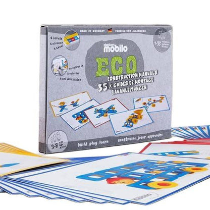 Mobilo ECO Construction Manuals set with 35 illustrated building instruction cards and protective storage folder, product 452.