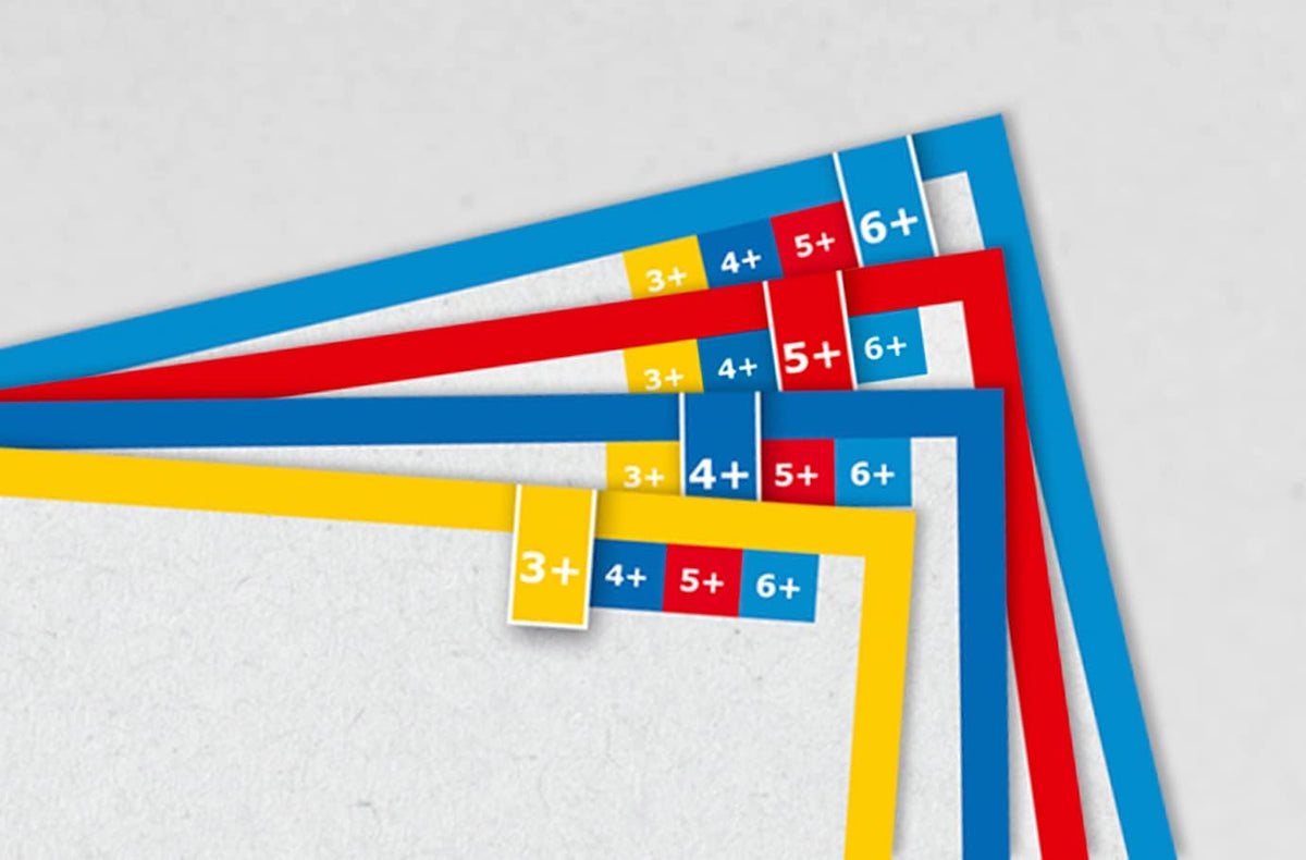 Mobilo ECO construction instruction cards with colour-coded difficulty levels for building projects suitable for children aged 3 years and over.