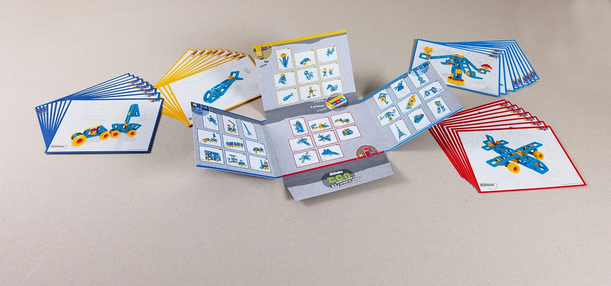 Mobilo ECO double-sided construction cards showing illustrated building models and step-by-step instructions for compatible Mobilo pieces.