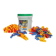 Mobilo Giant Bucket construction set with 416 pieces, shown with red, yellow and blue connectors and geometric shapes beside a small aeroplane model