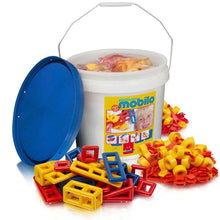 Colorful plastic building blocks with a white bucket labeled 'Mobilio' on a white background.