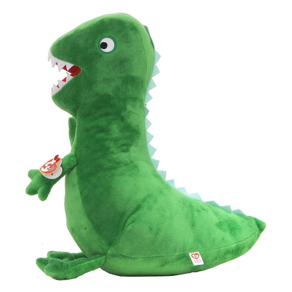 Mr. Dinosaur Large 40cm Ty plush with the red Ty Heart swing tag attached, on a plain white background