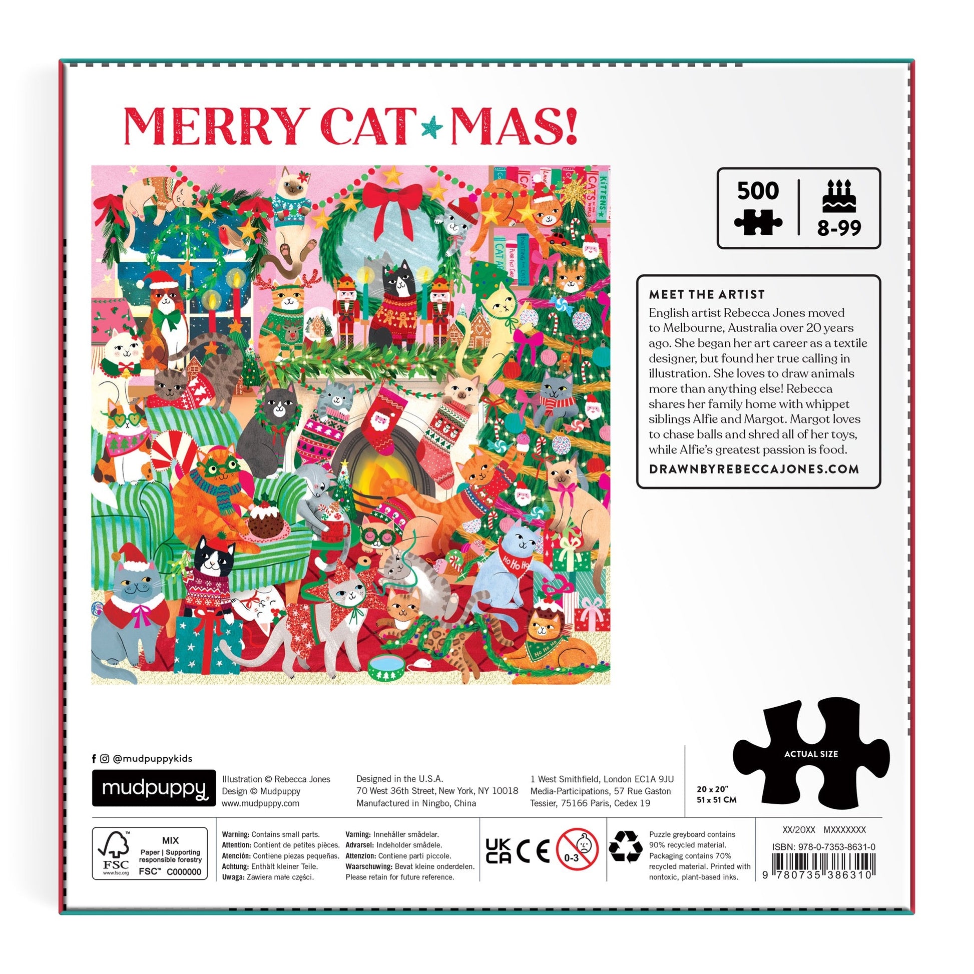 The back of a jigsaw puzzle box featuring the title 'MERRY CAT*MAS!' in red at the top, a large colorful illustration of many cats in holiday decorations, a product information panel on the right, and branding and assembly details at the bottom.
