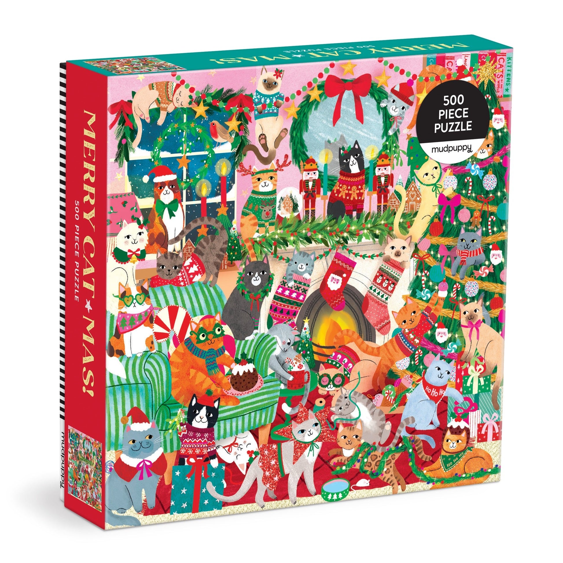 Mudpuppy Merry Catmas 500 piece Christmas puzzle featuring cats and kittens celebrating the festive season