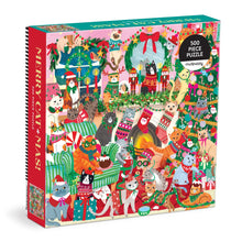 Mudpuppy Merry Catmas 500 piece Christmas puzzle featuring cats and kittens celebrating the festive season