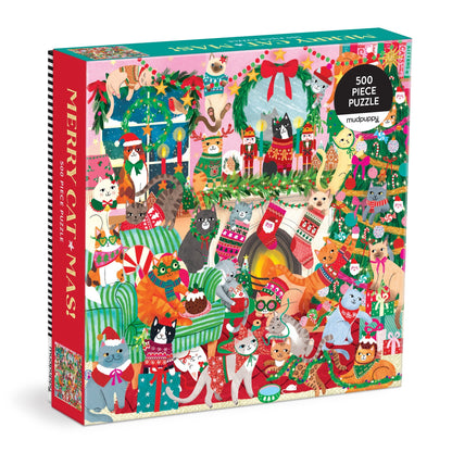 Mudpuppy Merry Catmas 500 piece Christmas puzzle featuring cats and kittens celebrating the festive season