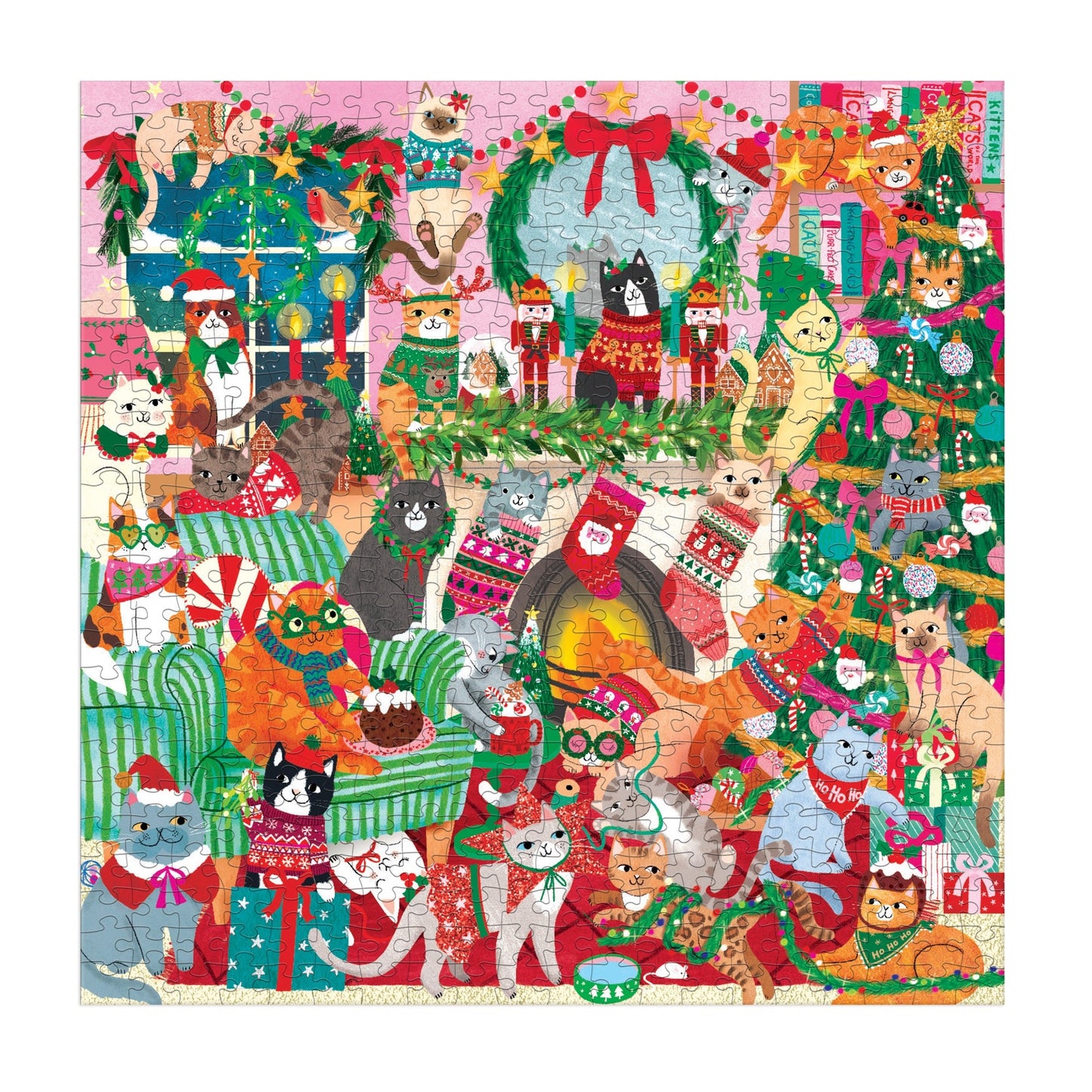 Colorful Christmas-themed puzzle with various cats in festive outfits and decorations.