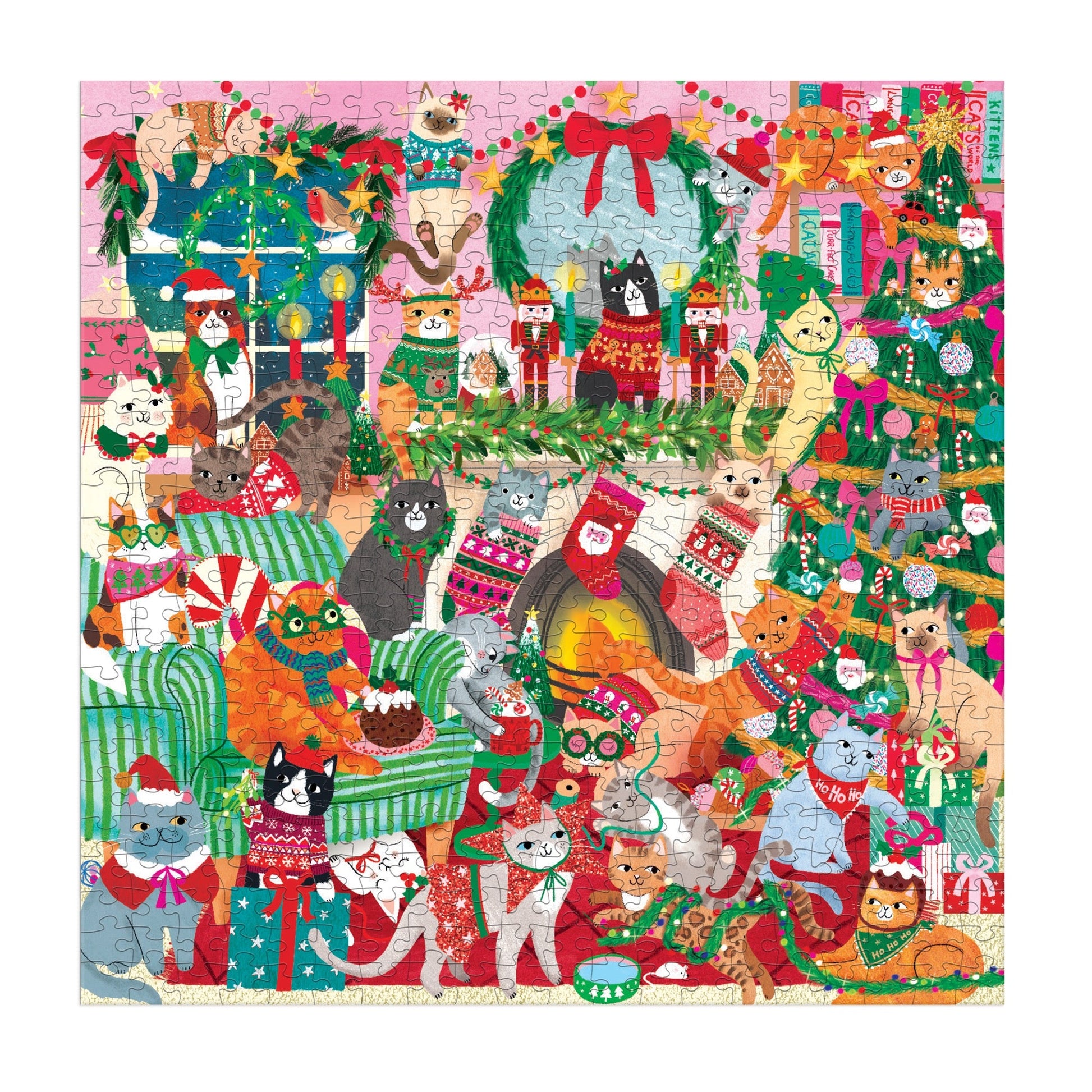 Colorful Christmas-themed puzzle with various cats in festive outfits and decorations.