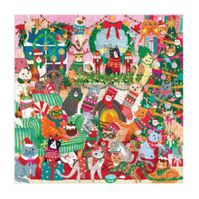 Colorful Christmas-themed puzzle with various cats in festive outfits and decorations.