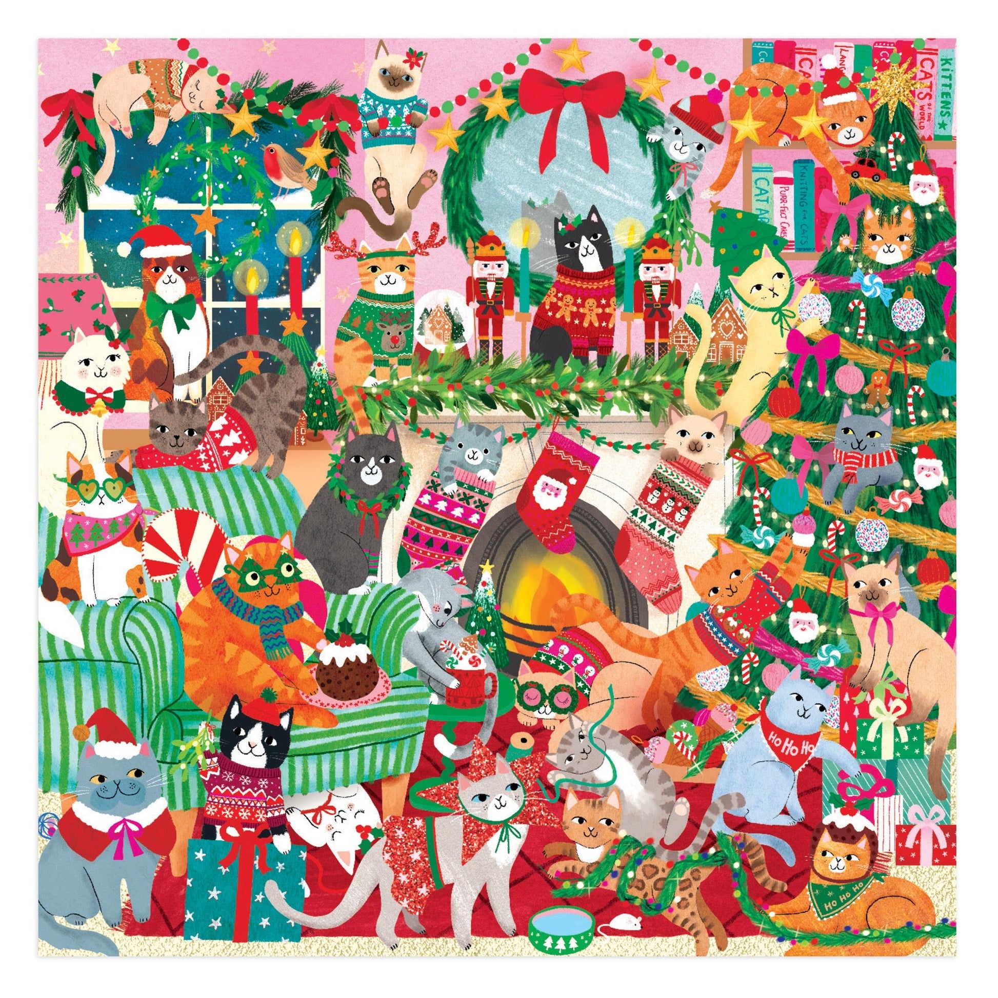 Illustration of cats in festive Christmas-themed outfits and decorations.