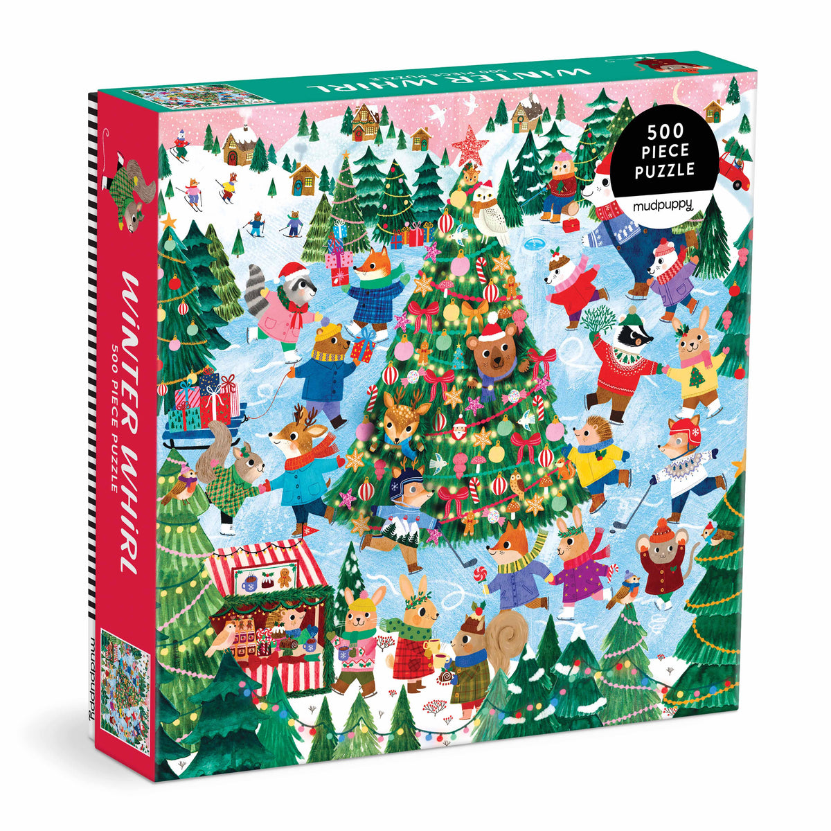 Mudpuppy Winter Whirl Family Puzzle 500 piece featuring snowy woodland animals and winter scene