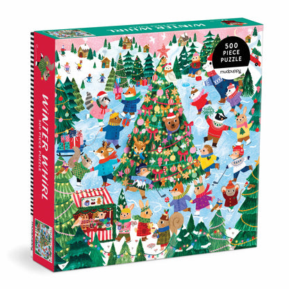 Mudpuppy Winter Whirl Family Puzzle 500 piece featuring snowy woodland animals and winter scene