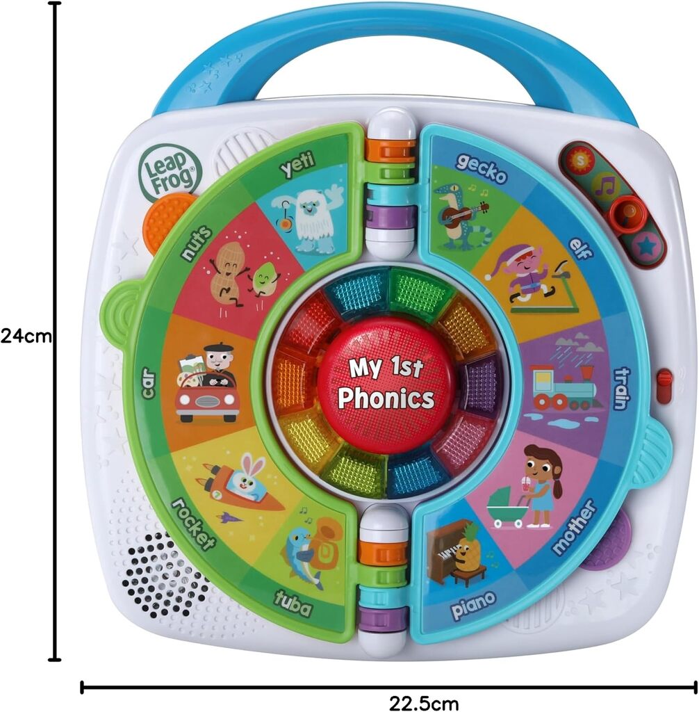 My 1st Phonics Spin and Learn held in an adult hand showing the toy's size for small hands
