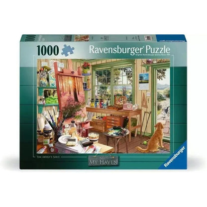Ravensburger My Haven Artist's Shed 1000 piece puzzle box showing a cosy creative retreat full of art supplies