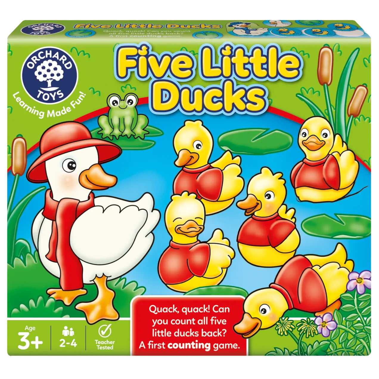 Orchard Toys Five Little Ducks educational counting game for preschool kids featuring colourful duck characters and number learning gameplay.