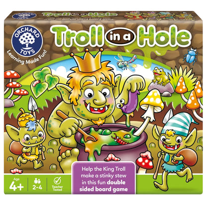 Orchard Toys Troll in a Hole double-sided board game featuring colourful trolls, mushrooms and fun educational gameplay for kids.