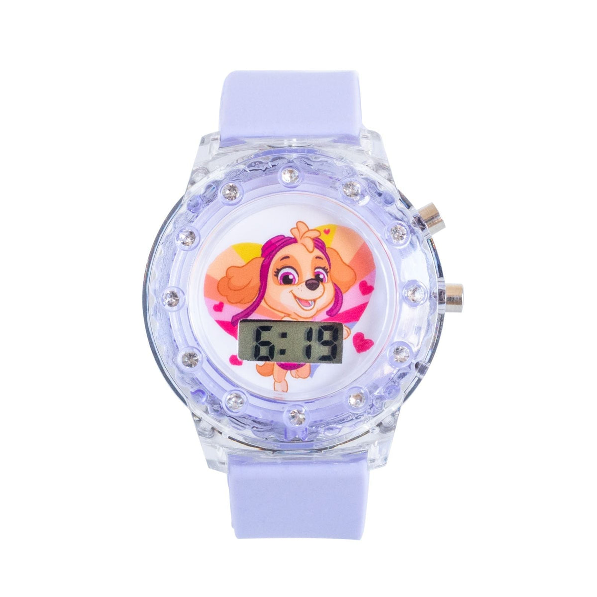 PAW Patrol Skye children's digital watch with purple strap, transparent light-up case and Skye character on the LCD watch face.