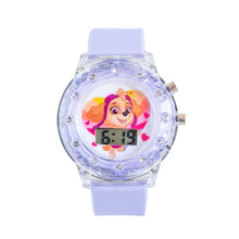 PAW Patrol Skye children's digital watch with purple strap, transparent light-up case and Skye character on the LCD watch face.