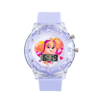 PAW Patrol Skye children's digital watch with purple strap, transparent light-up case and Skye character on the LCD watch face.