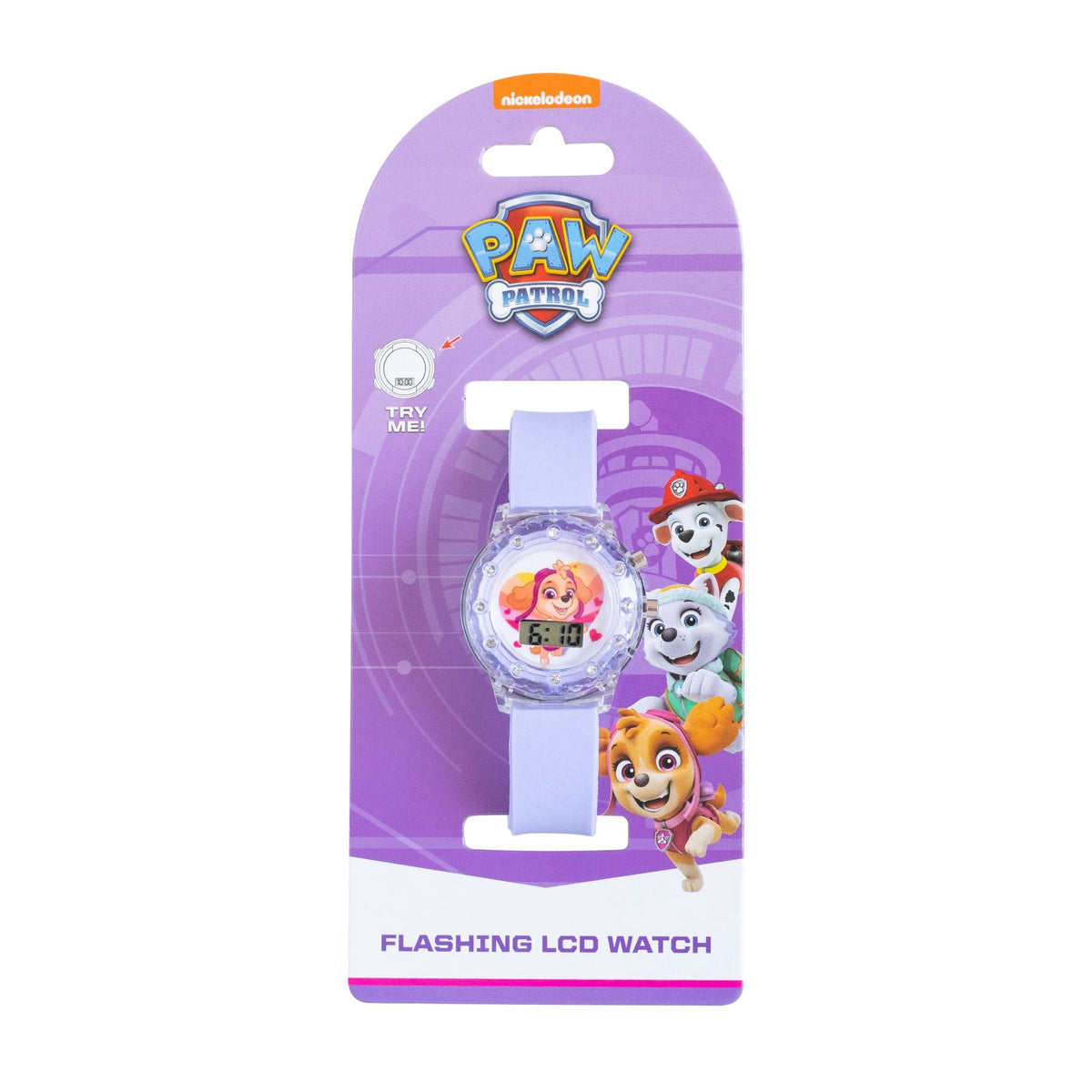 PAW Patrol Skye flashing LCD children's watch with purple strap and transparent light-up case, shown in original Nickelodeon retail packaging.