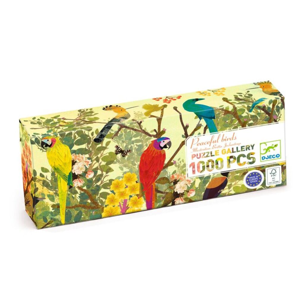 Peaceful Birds 1000-piece Gallery jigsaw puzzle by Djeco featuring numerous colourful birds in a detailed panoramic scene