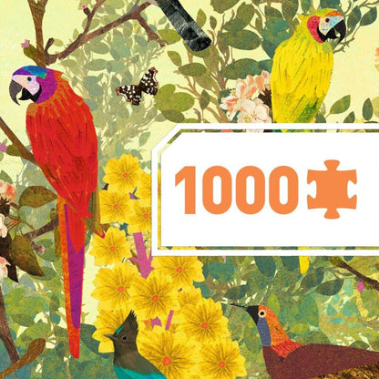 completed Djeco Peaceful Birds puzzle showing a richly detailed extra-long illustration filled with different birds