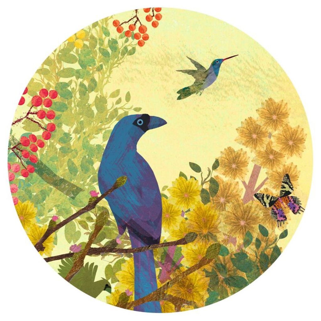 close-up detail of the Peaceful Birds artwork showing individual birds and fine linework
