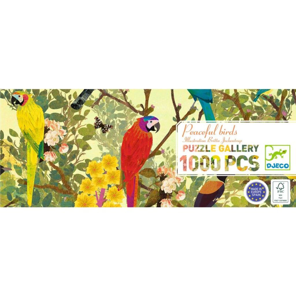 the Peaceful Birds puzzle box shown from the front with its long panoramic illustration