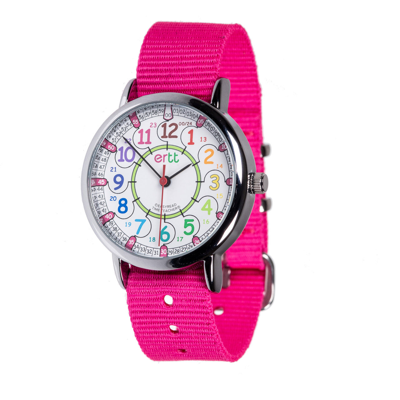 EasyRead Time Teacher 12/24 Hour Watch -  Rainbow Face with Pink Strap