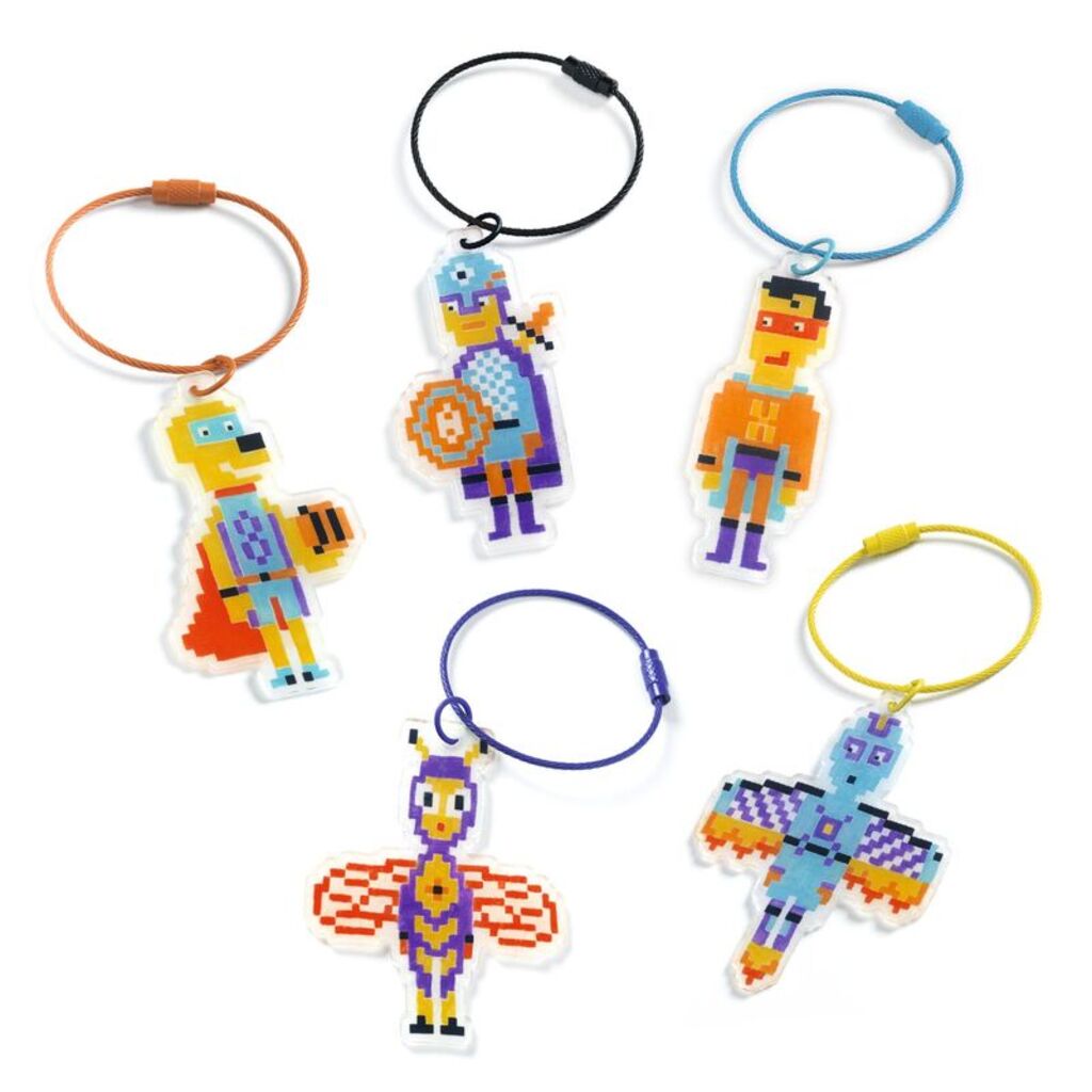 five transparent shrink-plastic silhouettes and colouring templates included in Djeco Pixel Art Heroes craft kit
