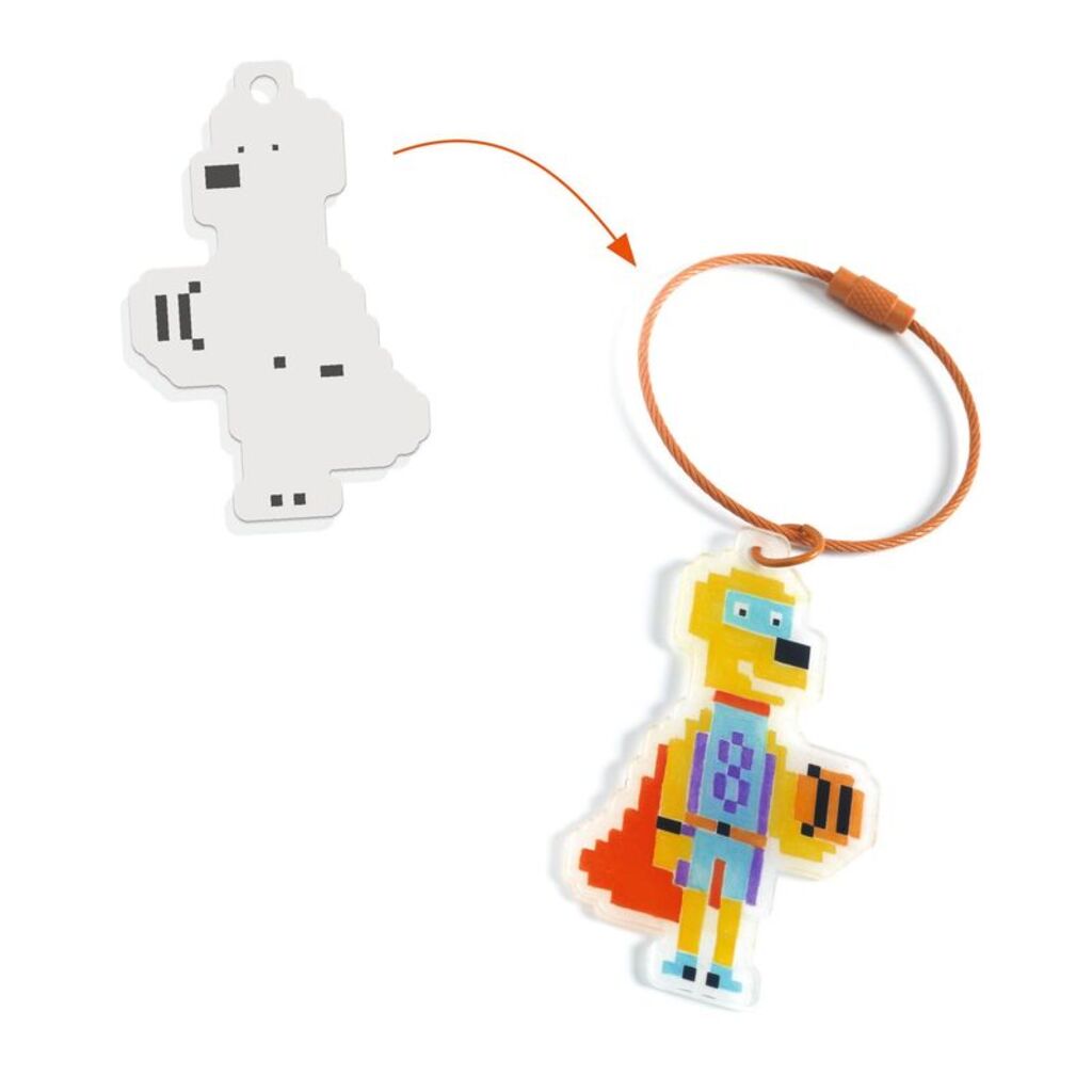 mini coloured pencils and metal key ring components included in Djeco DIY Pixel Art Heroes activity
