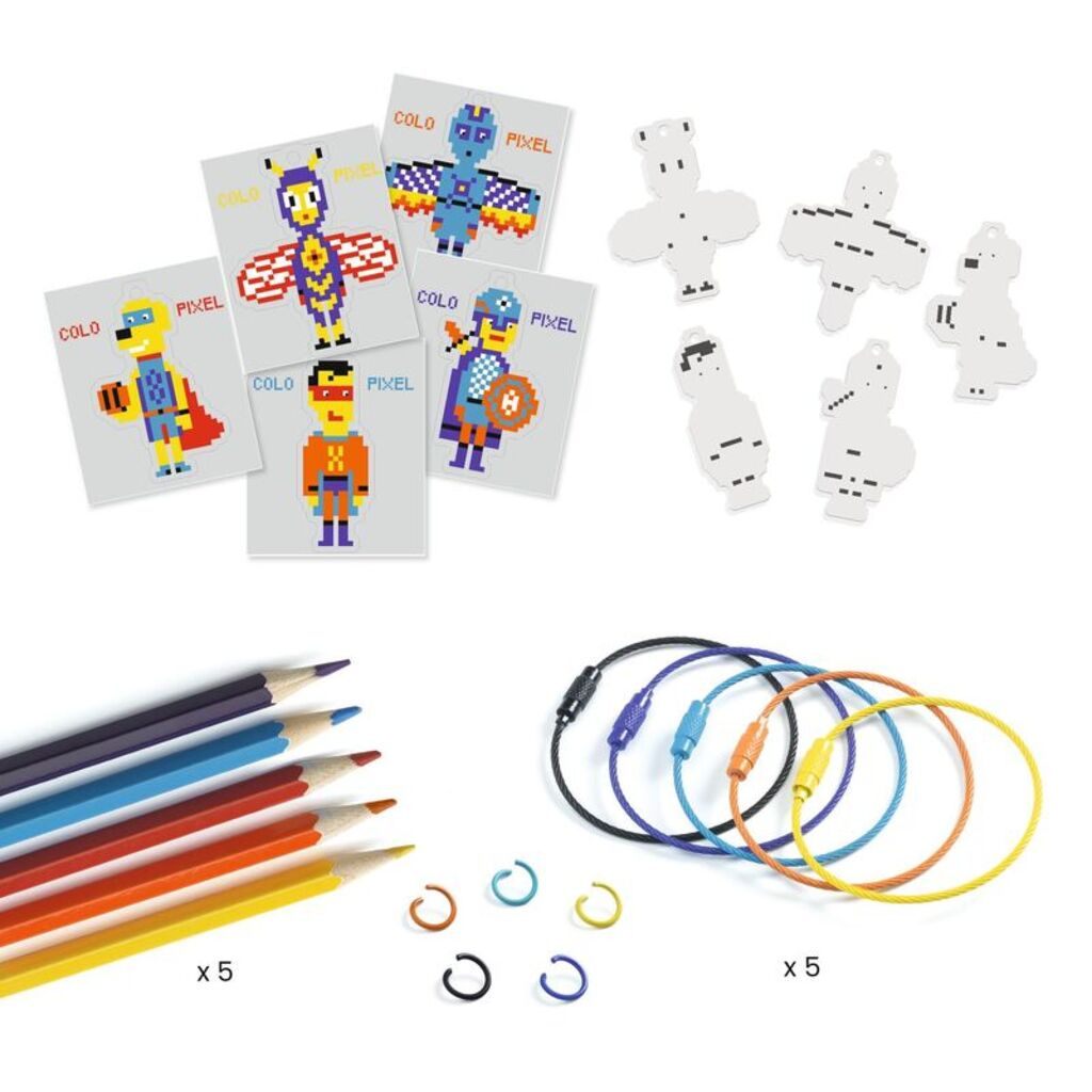 finished Pixel Art hero shrink-plastic key rings created with Djeco DIY craft activity for children