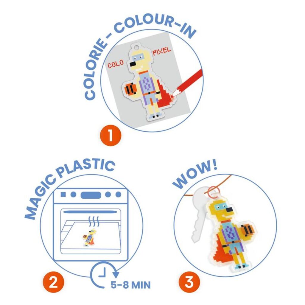 a shrink-plastic hero design being coloured in with the mini pencils before shrinking