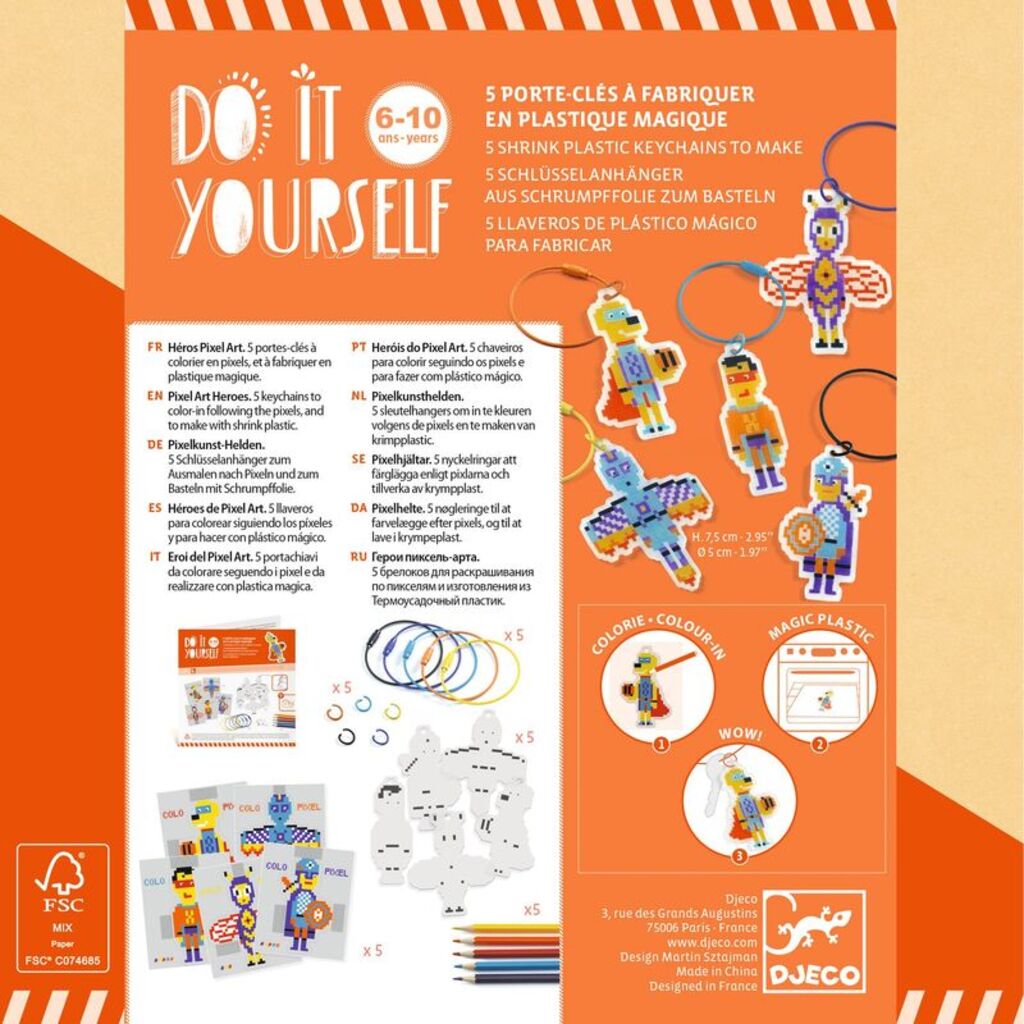 step-by-step instruction leaflet open beside the Djeco Pixel Art Heroes craft materials