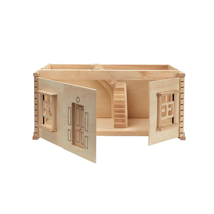 PlanToys wooden dollhouse basement extension with staircase, windows and natural wood finish for imaginative pretend play.