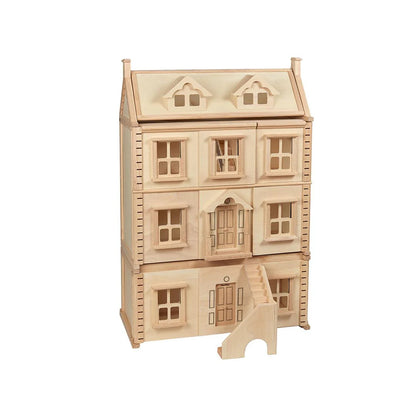 PlanToys wooden dollhouse basement extension with staircase, windows and natural wood finish for imaginative pretend play.