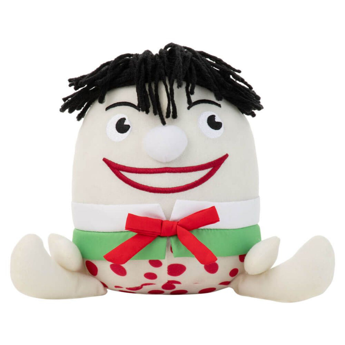 Play School Humpty Dumpty plush toy sitting with outstretched legs, black yarn hair, embroidered smile, green jacket and red spotted trousers.