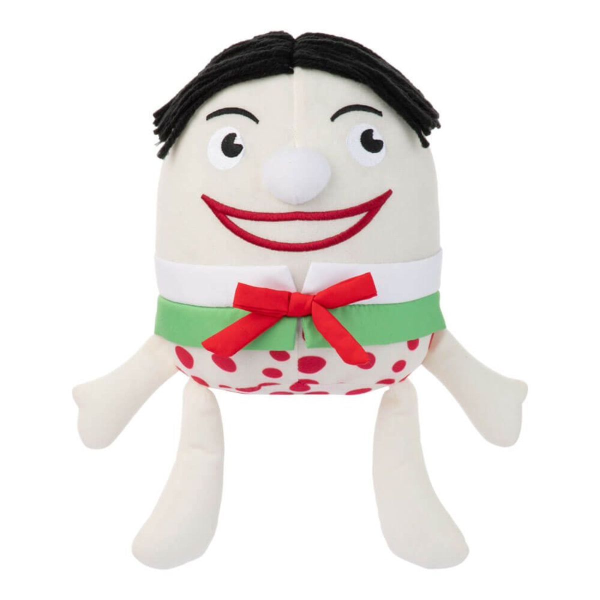 Play School Humpty Dumpty soft plush toy standing with arms and legs extended, featuring black yarn hair, a red bow and colourful clothing.
