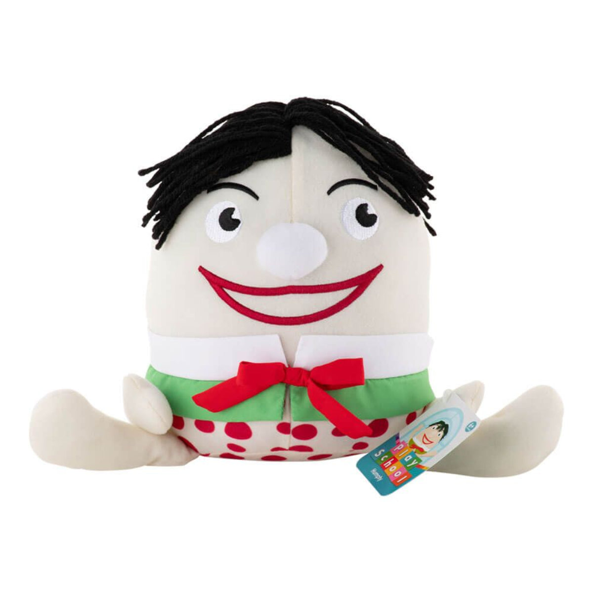 Play School Humpty Dumpty plush toy with official Play School product tag, featuring his familiar smiling face, black hair and red bow.